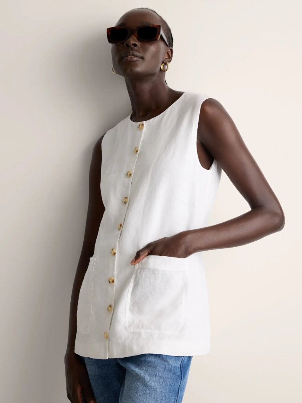 Quince Longline Linen Vest in White Size Small NWT